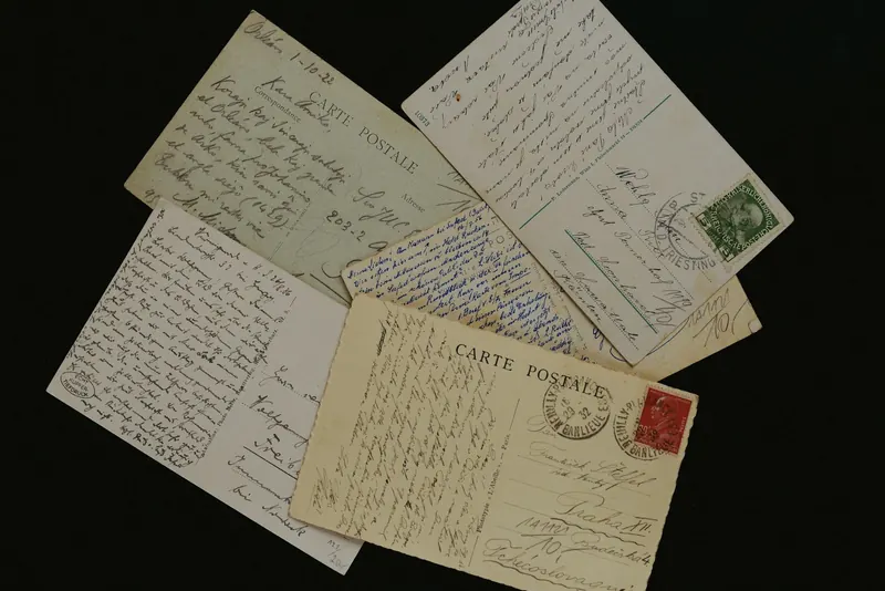 Cartes postales manuscrites avec timbres sur fond noir