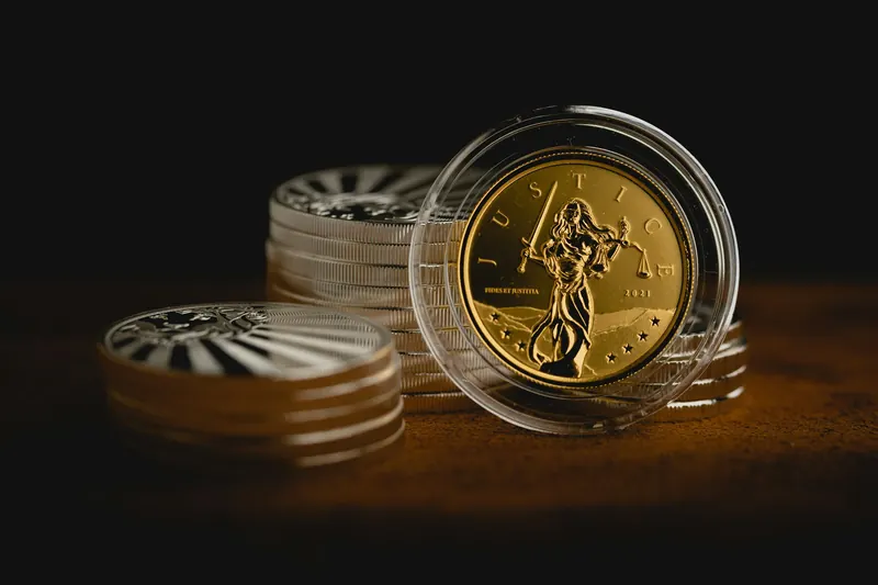 Pièce d’or en capsule devant des piles de pièces d’argent