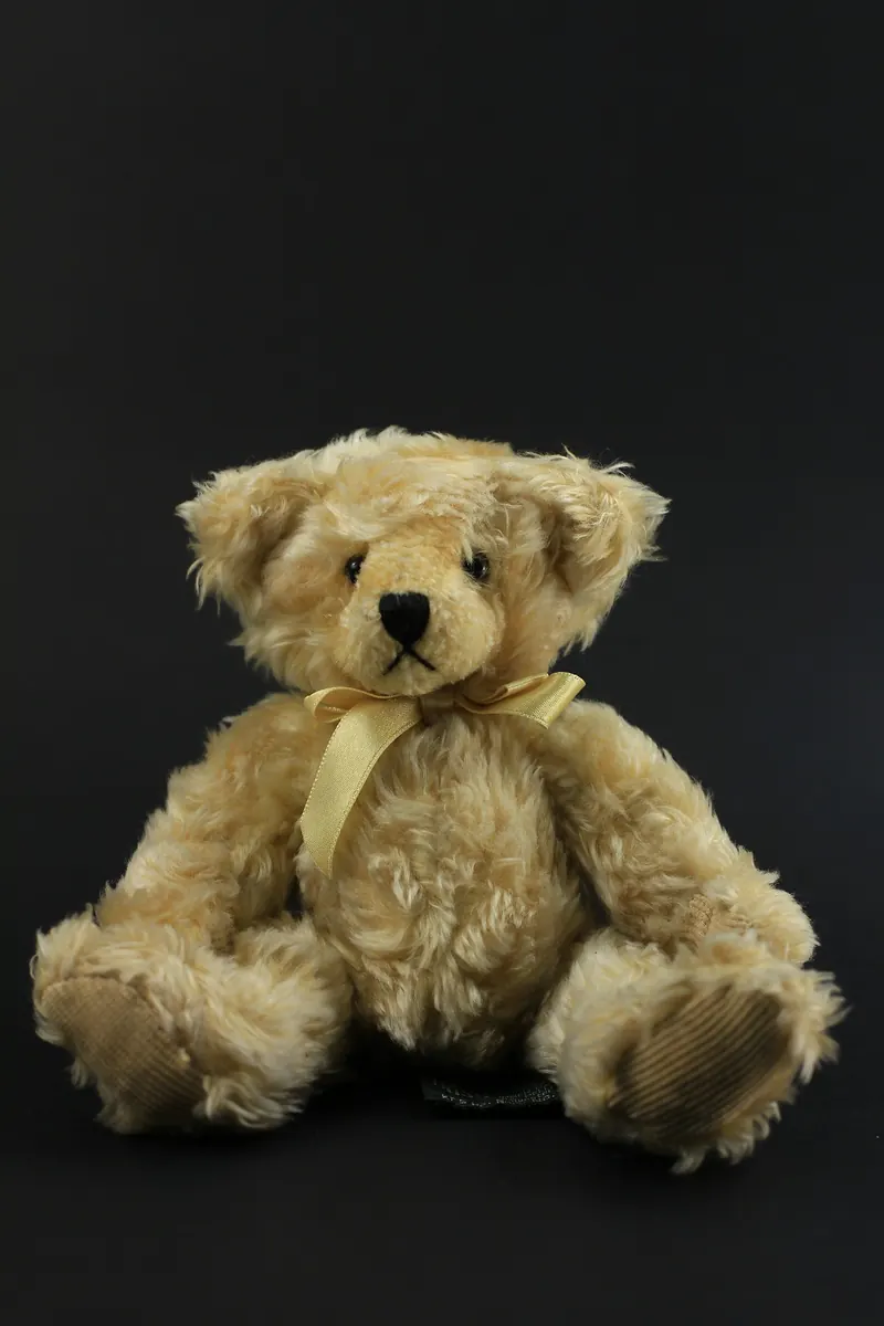 Old teddy bear with a bow on a black background